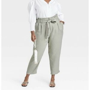 Paper bag waist tie sage green pants